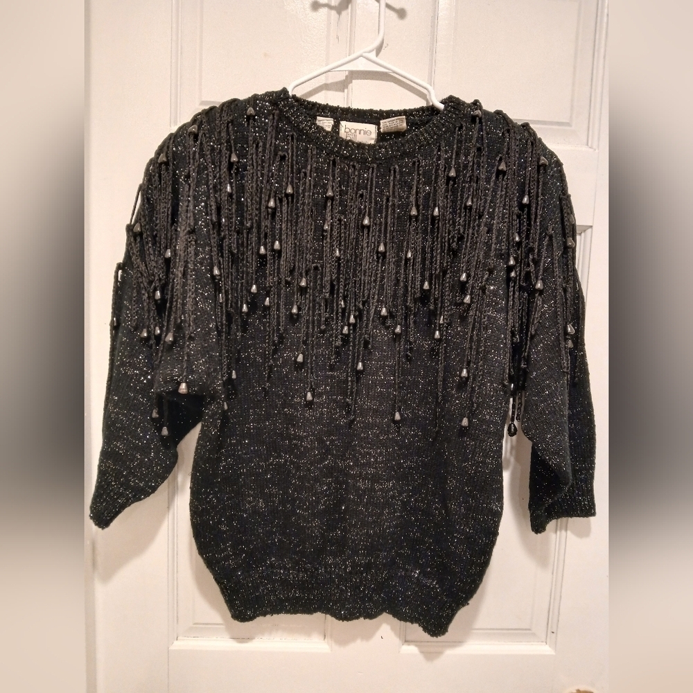 Vintage BONNIE & BILL BY HOLLY BLACK LUREX SWEATER FRINGE WITH BEAD